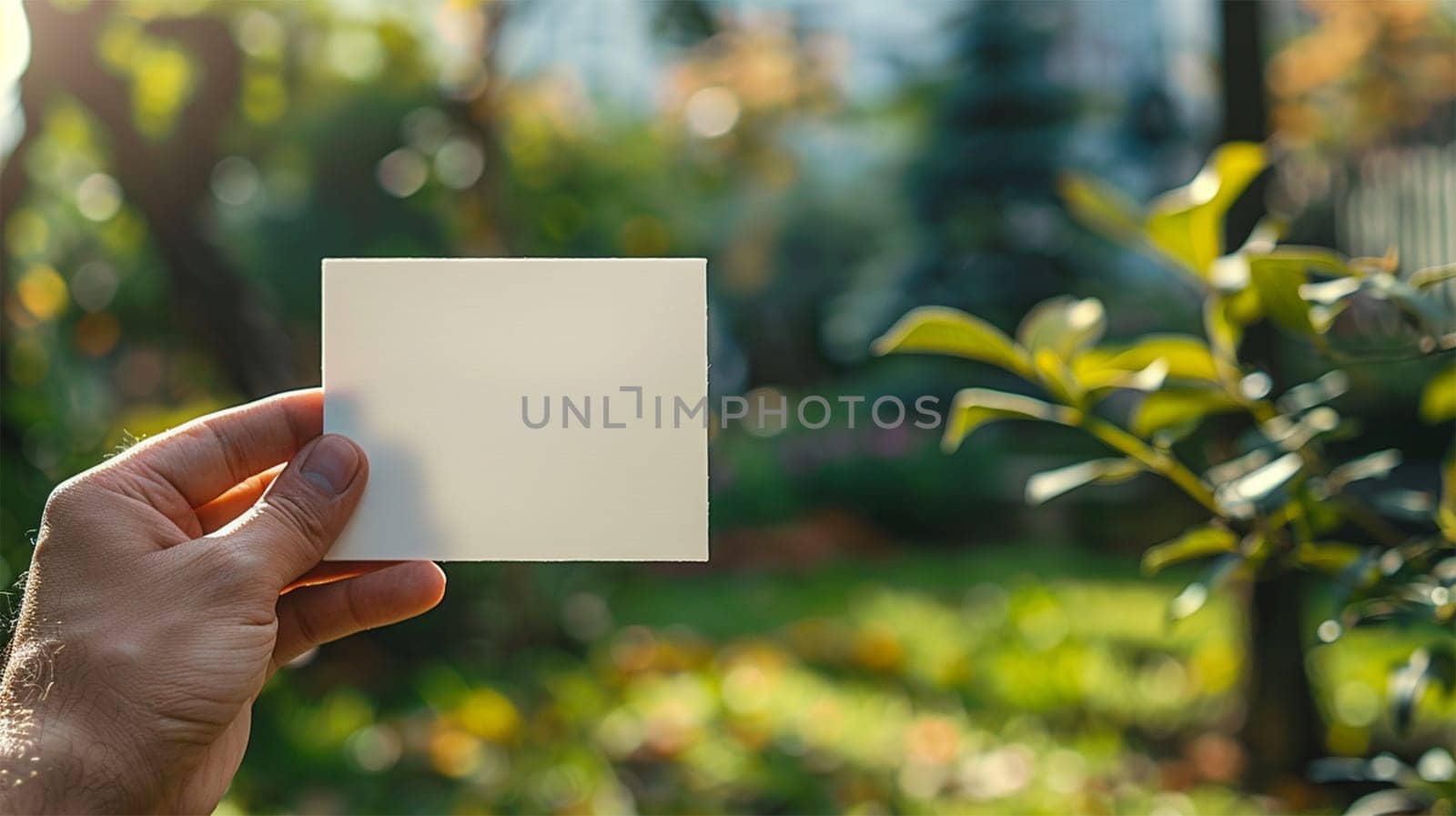 A hand holding a blank white card in an outdoor setting with a blurred natural background