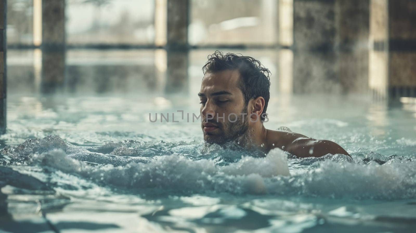 A man swims in a pool of bubbling water.