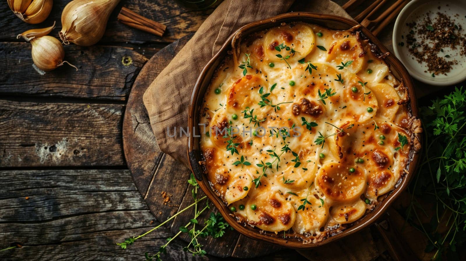 Close-up of a dish for baking with potatoes and herbs