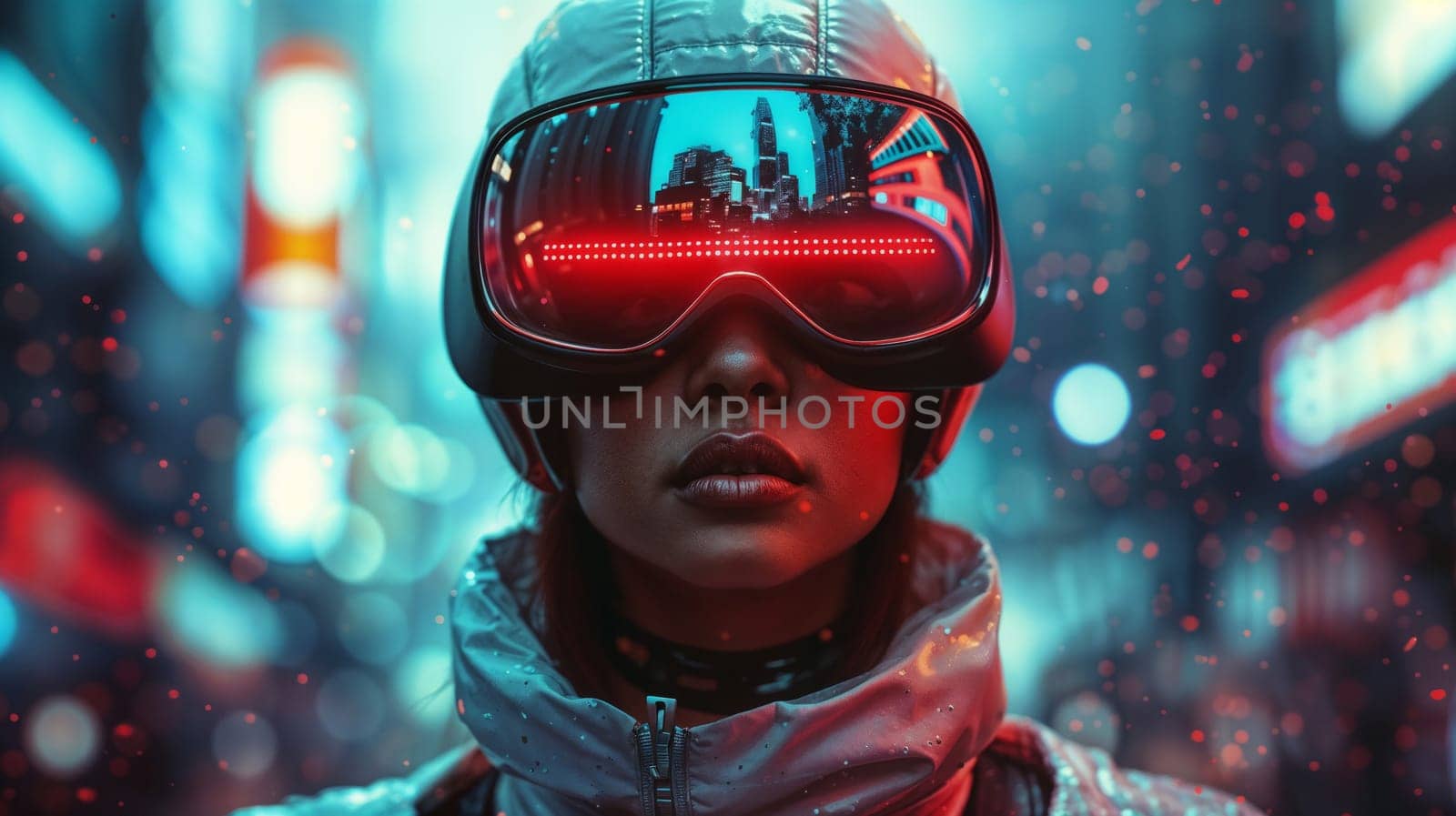 Woman in goggles and jacket with red lights on the background of the city