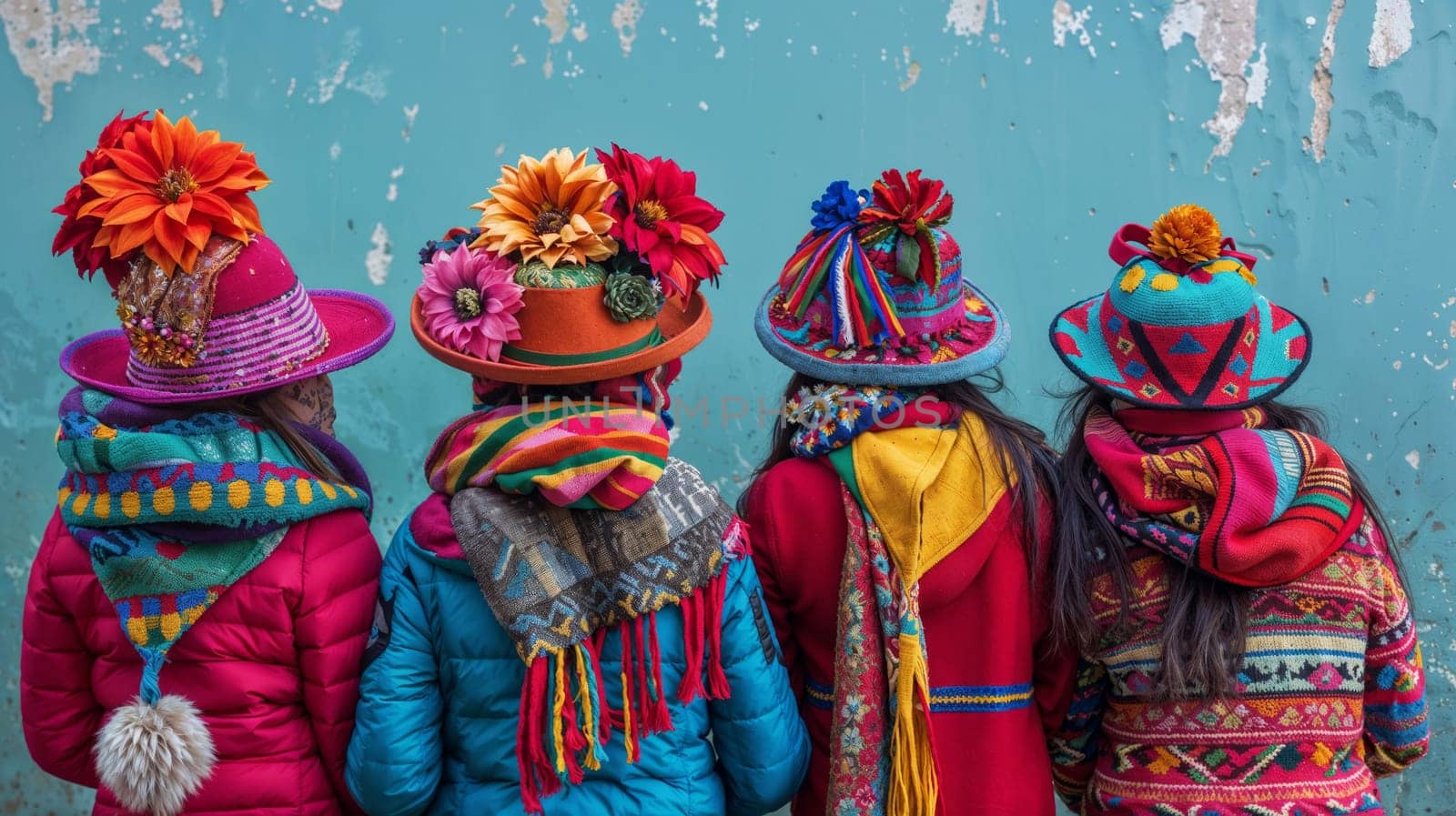 Group of young women in multi-colored hats and jackets with ethnic ornaments standing next to each other.