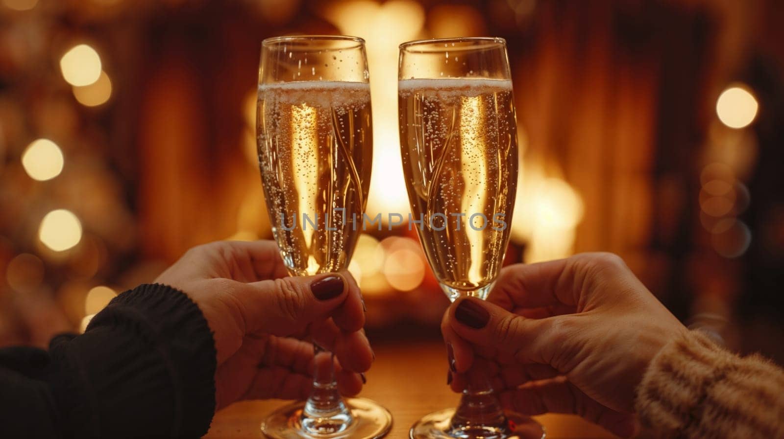 Two people holding champagne glasses against the background of the fireplace