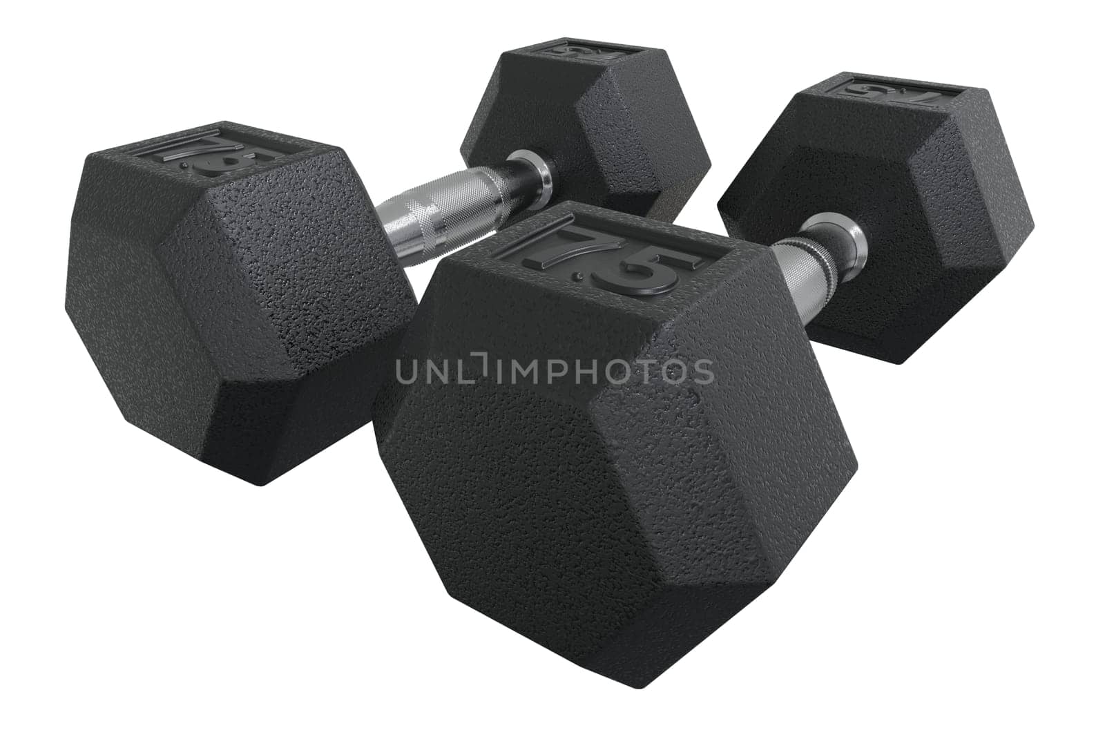 Two Hex Dumbbells with numbers 7.5, weightlifting gym equipment, isolated on white background. 3D illustration