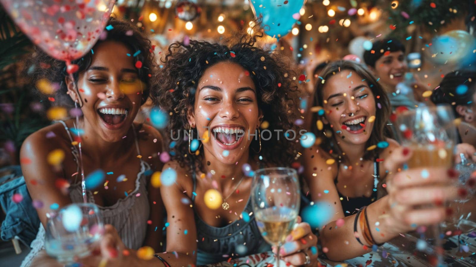 Three women smiling and laughing while sipping champagne.