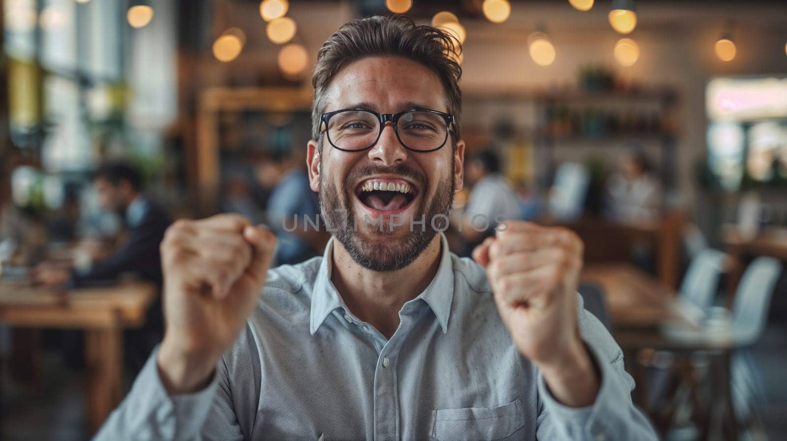 A man with glasses and a beard rejoices in victory or success, sitting at the table.