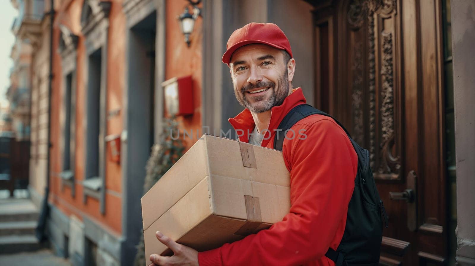 Delivery courier in red jacket holding box at building door