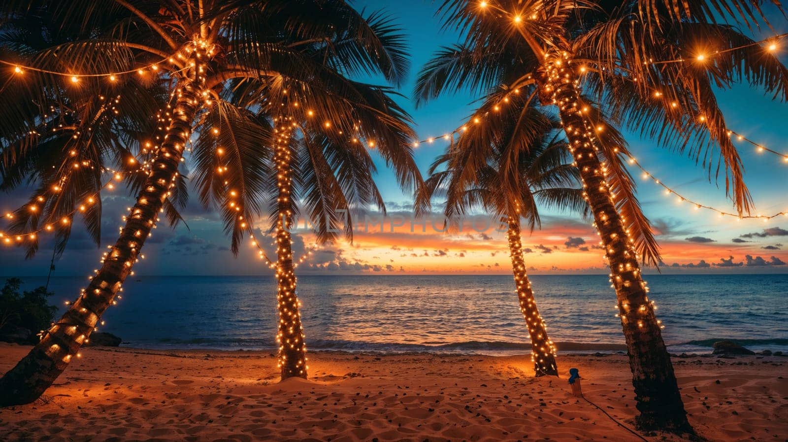 Palm trees with lights at sunset near the beach.travel and recreation concept