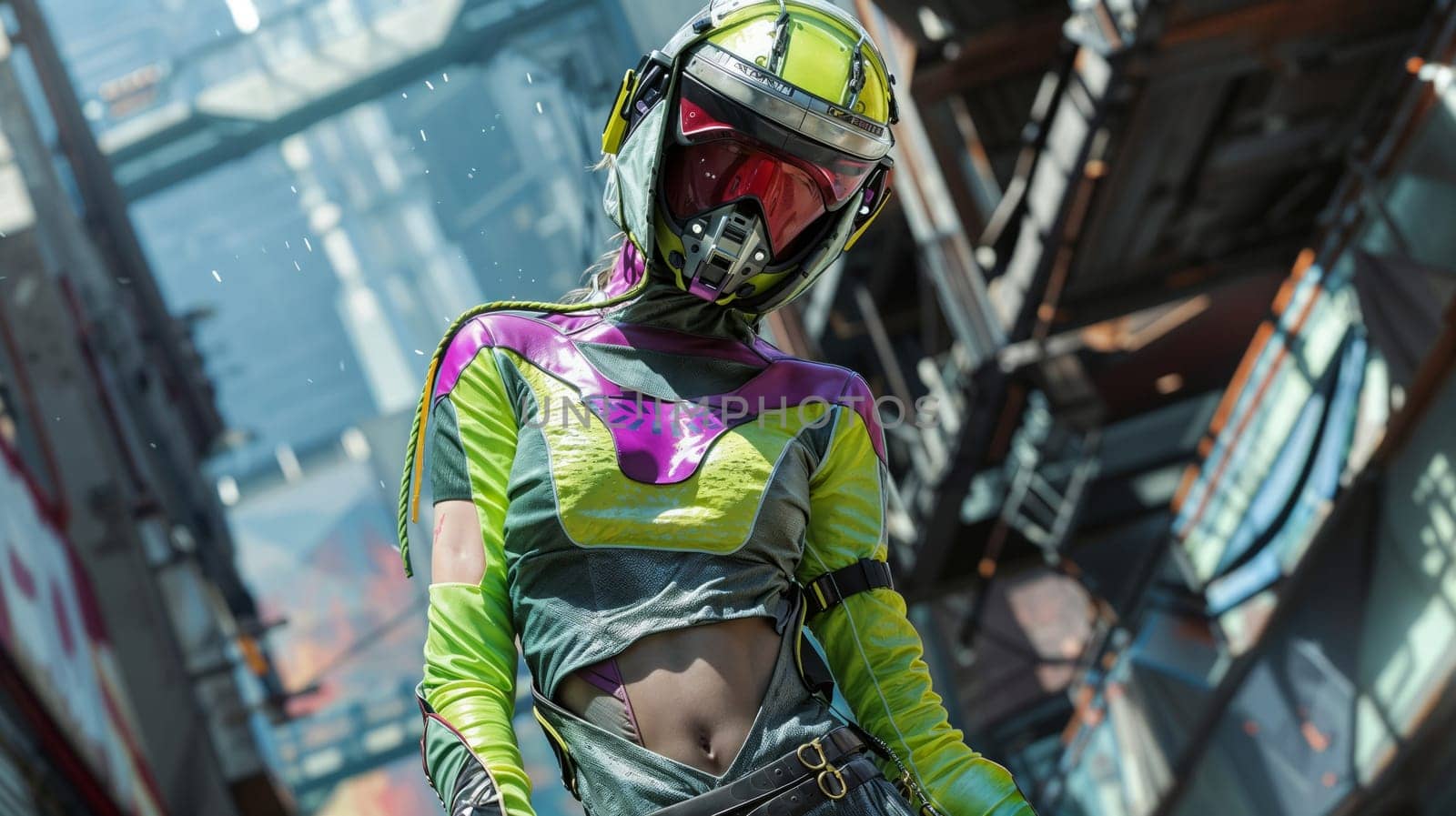 A woman in a colorful outfit stands on top of a high-rise building