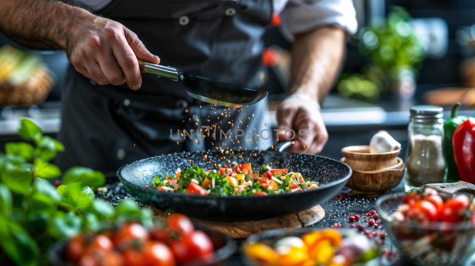 Cook sprinkling seasonings on bowl of vegetables in kitchen