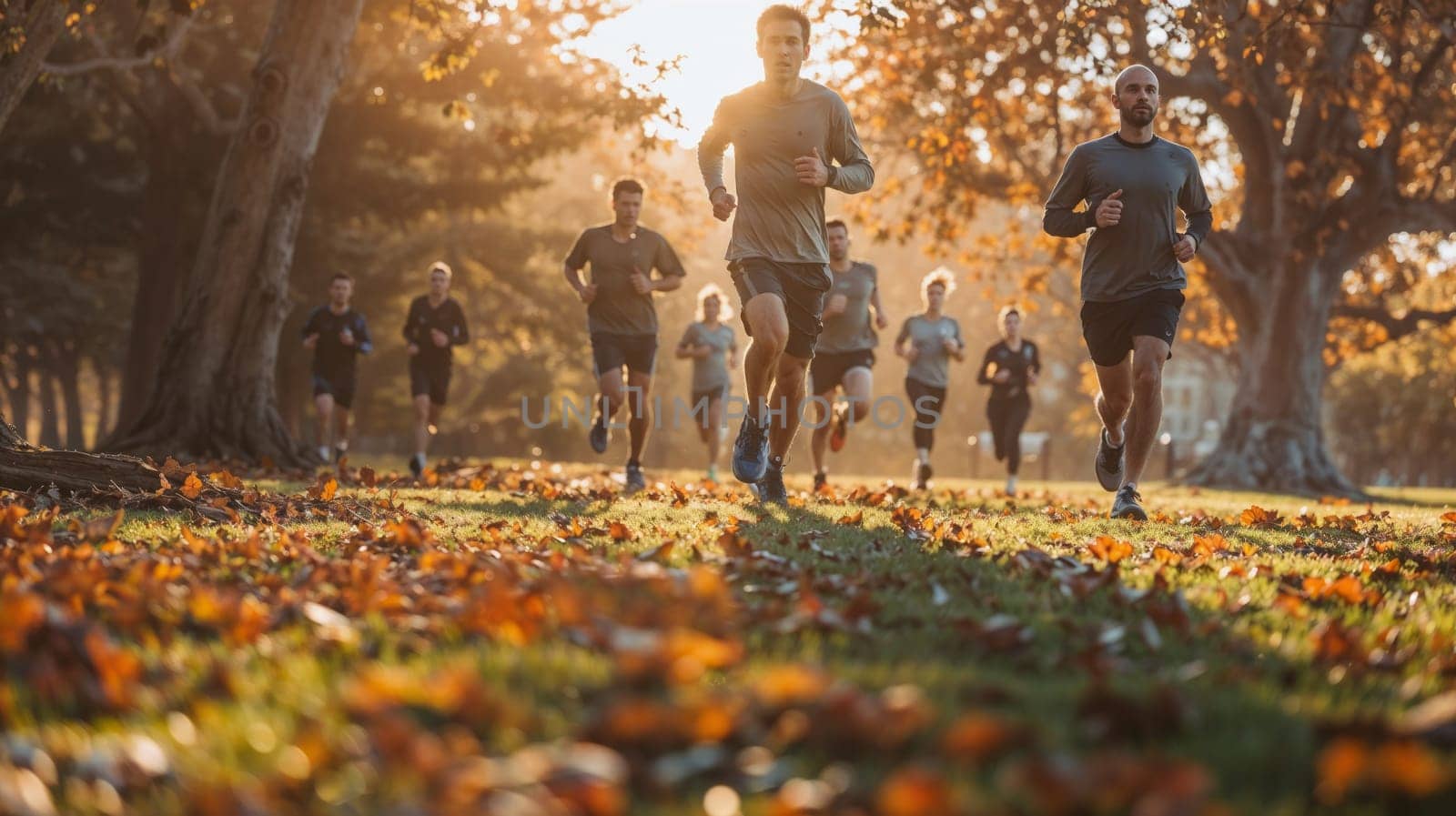 Group of men running through park with leaves on the ground.healthy leisure and self-care