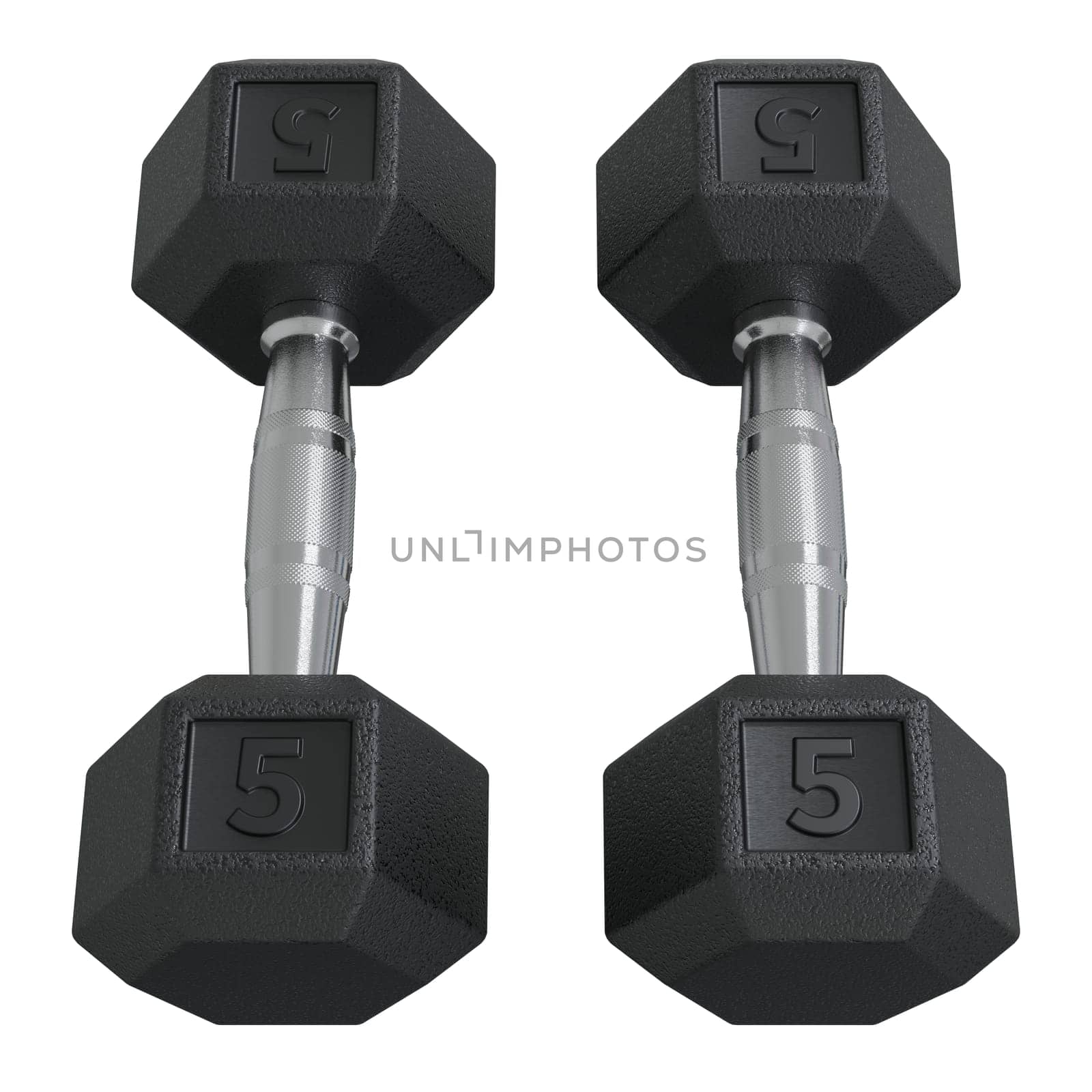 Two Hex Dumbbell with number 5, weightlifting gym equipment, isolated on white background. 3D illustration