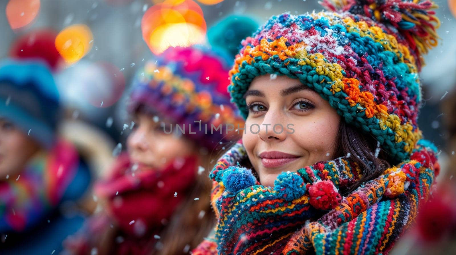 Group of women wearing colorful hats and scarves under snow at christmas market or festival