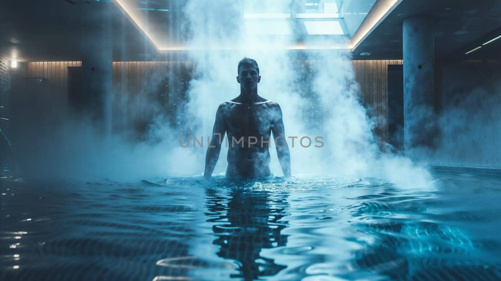 A man in a pool of water from which steam is coming out.