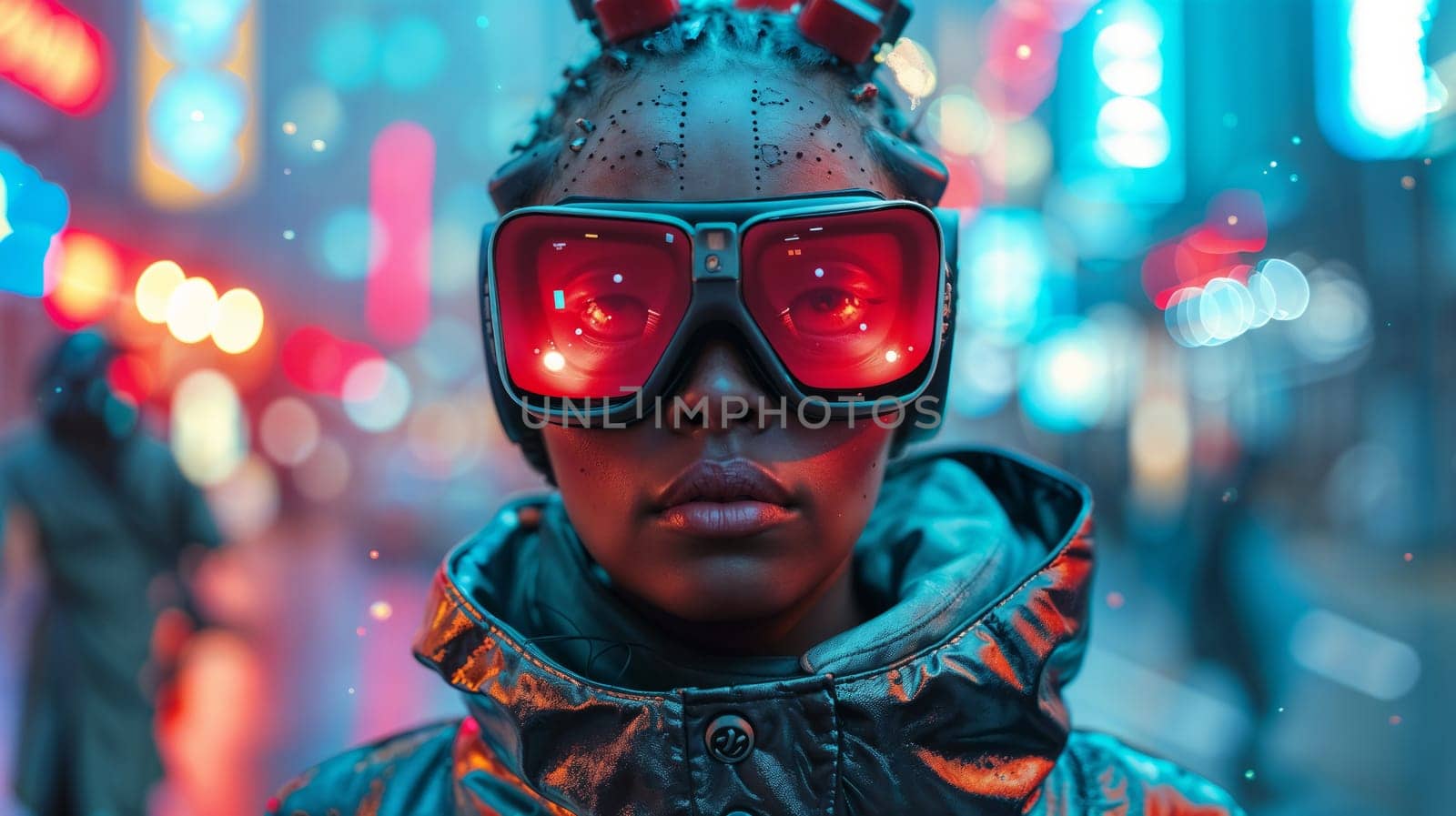 Android woman in jacket and red glasses outdoors in cyber city
