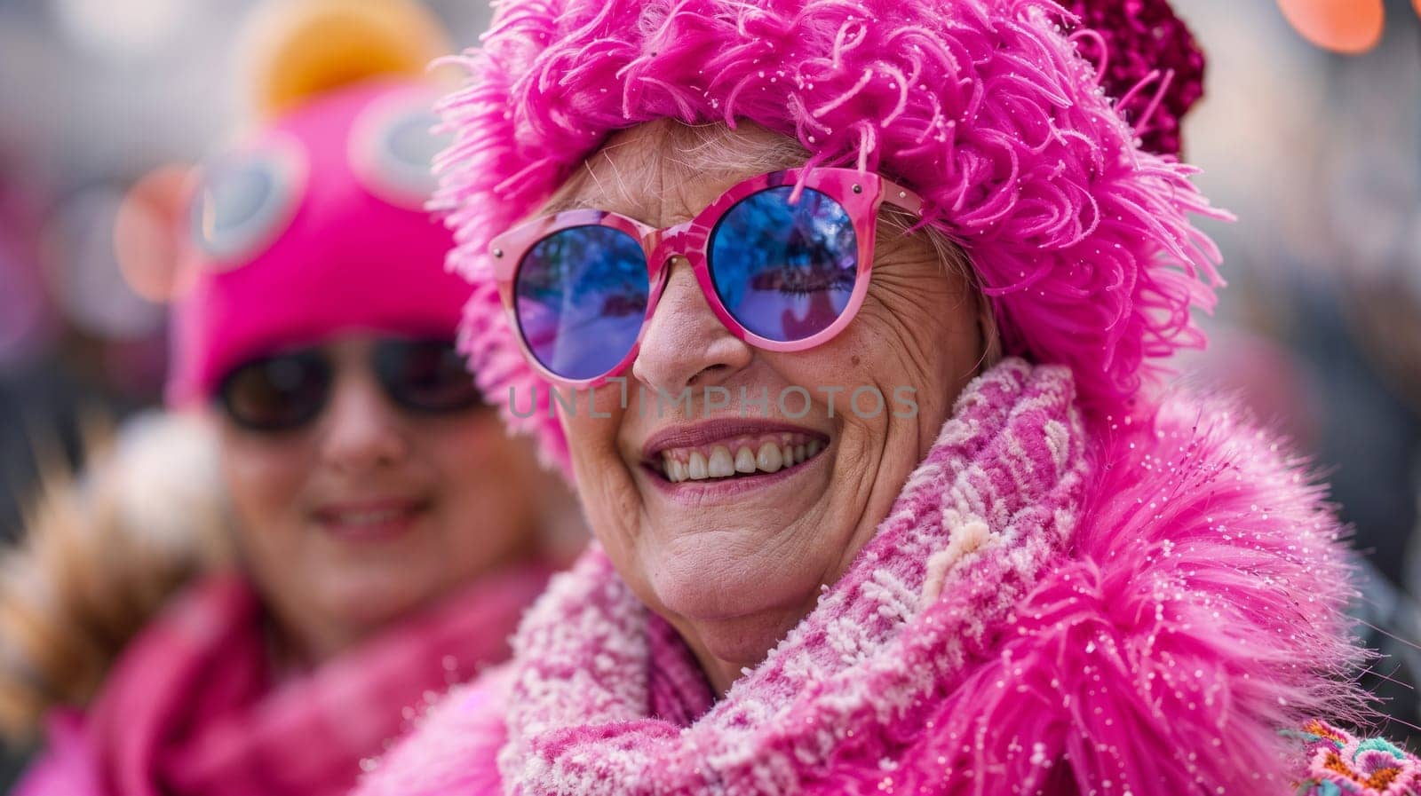 Woman in pink fluffy hat and sunglasses smiling.