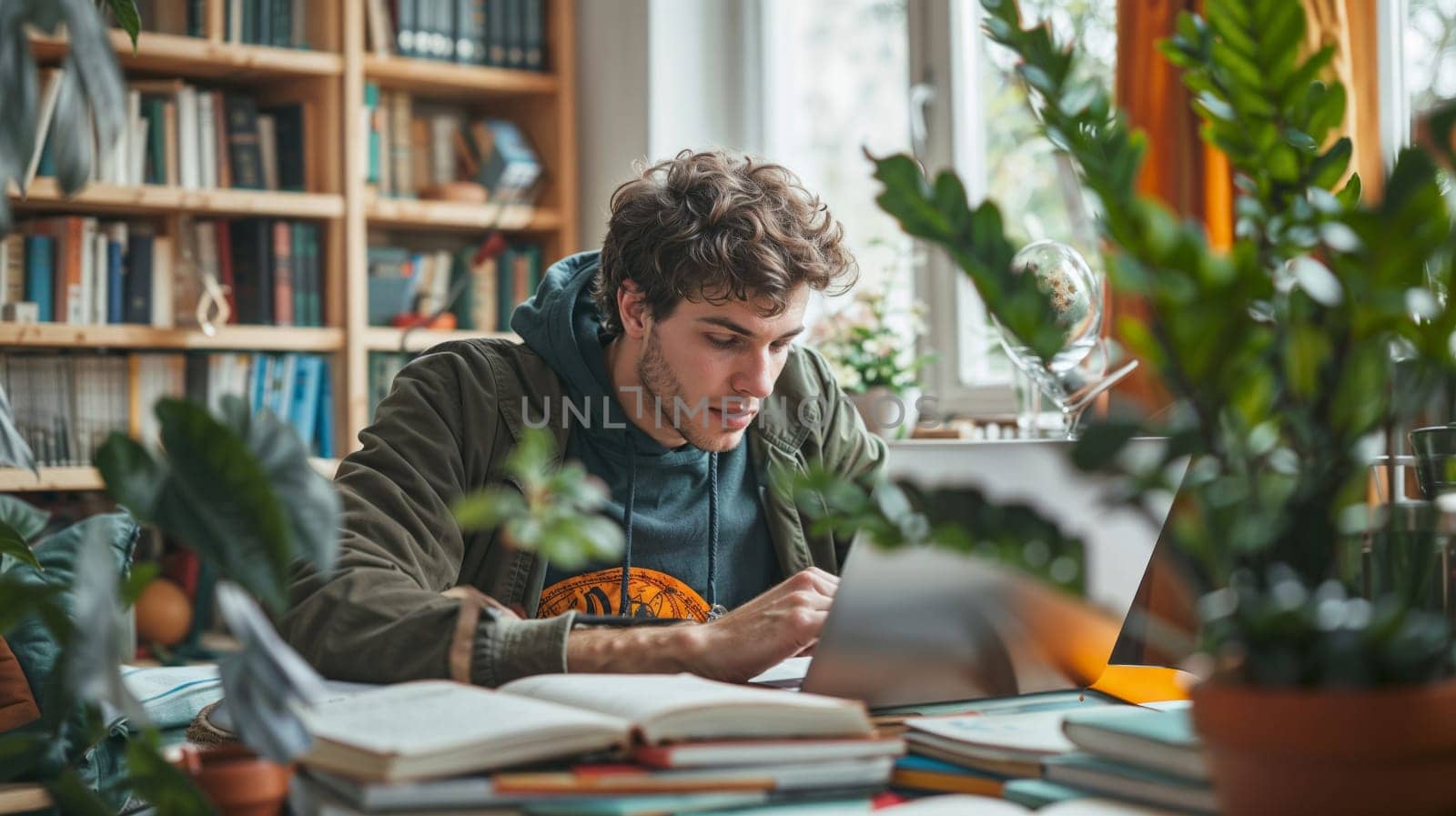 Man sitting at table with books and plants