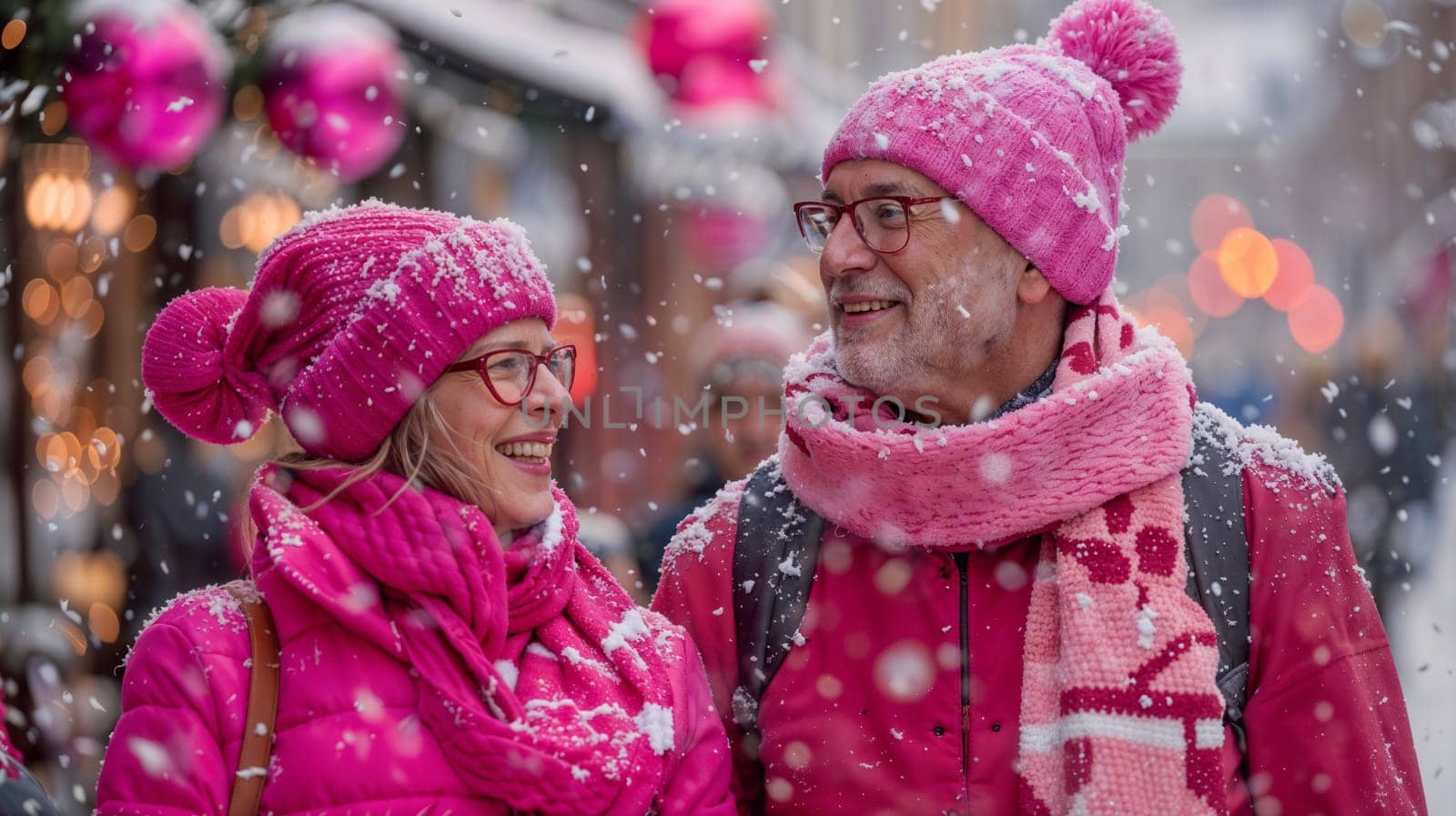 Man and woman in pink hats and jackets under the snow at the Christmas market