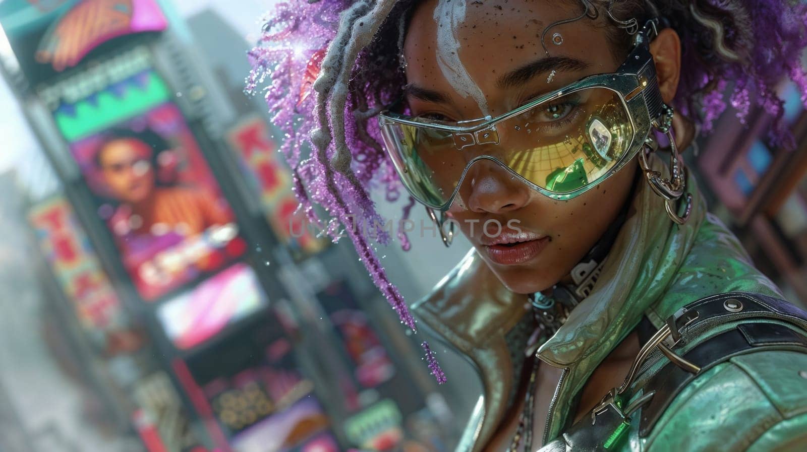 Woman with purple hair and wearing sunglasses in a futuristic cyber city