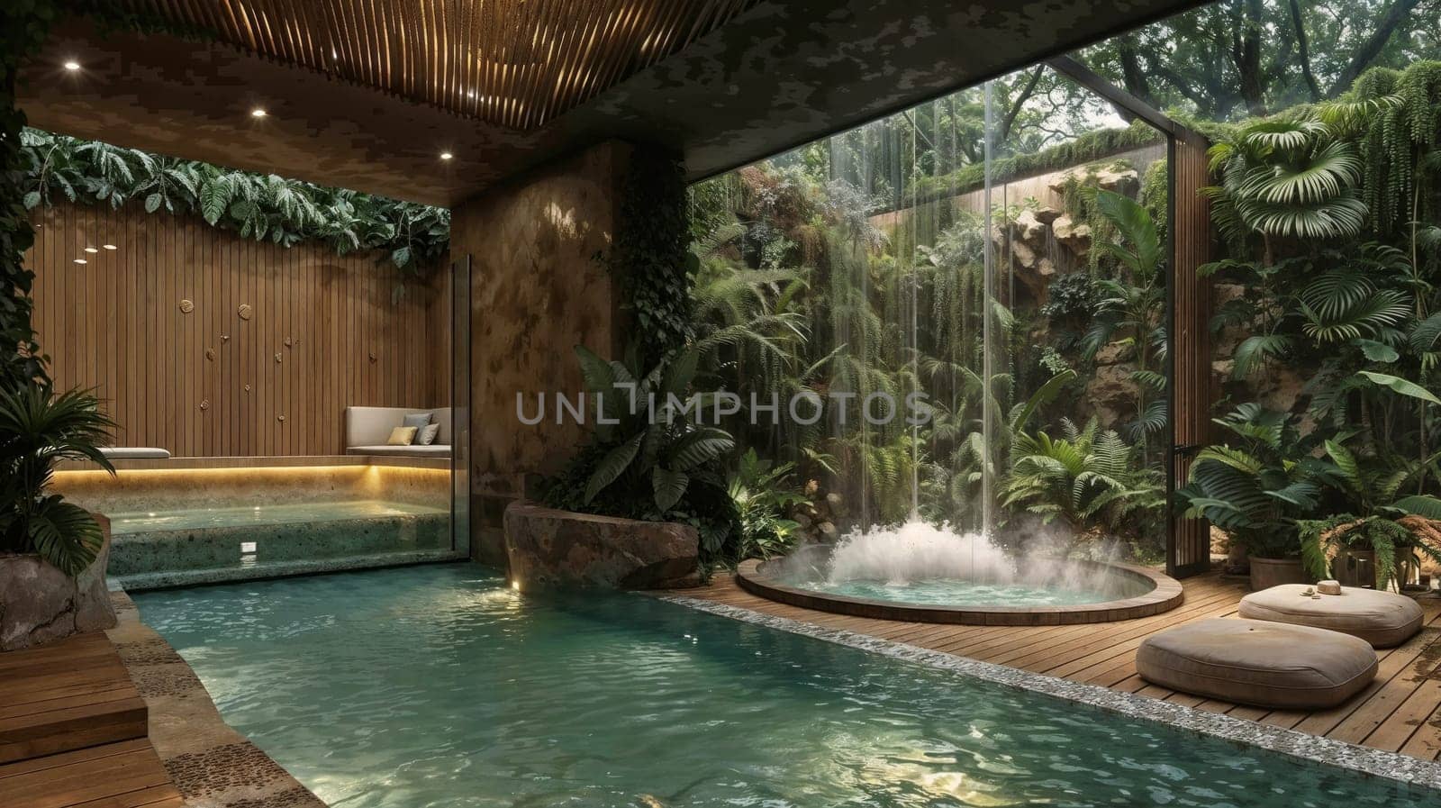 Swimming pool with waterfall in the center, surrounded by plants.spa area in the wellness center