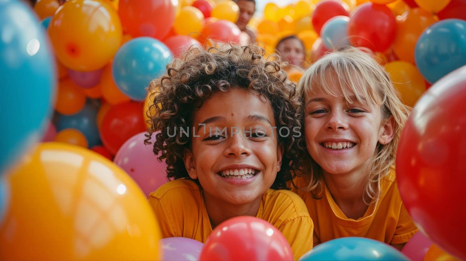 Two children smiling in large group of balloons in playroom