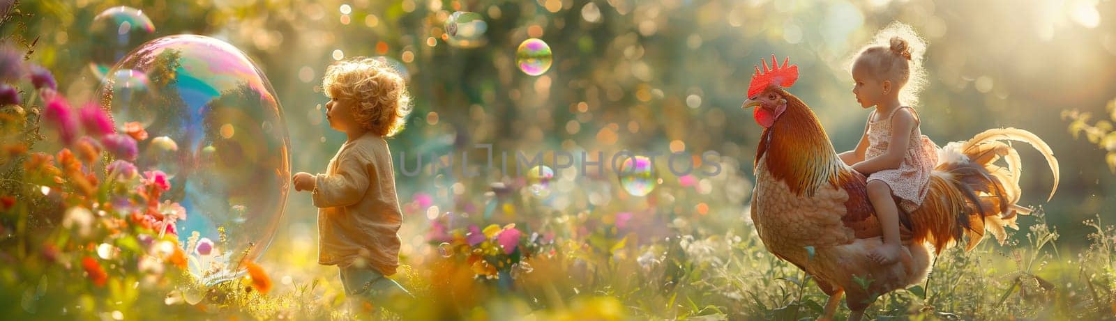 Small children and a big rooster play in the grass.fairy tale plot