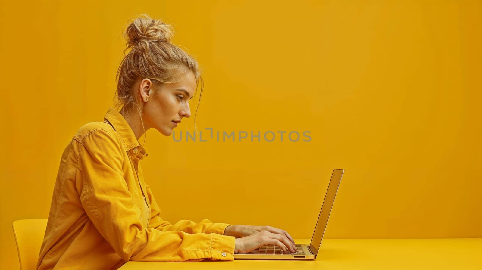 Woman in yellow shirt sitting at laptop on yellow background.copy space.