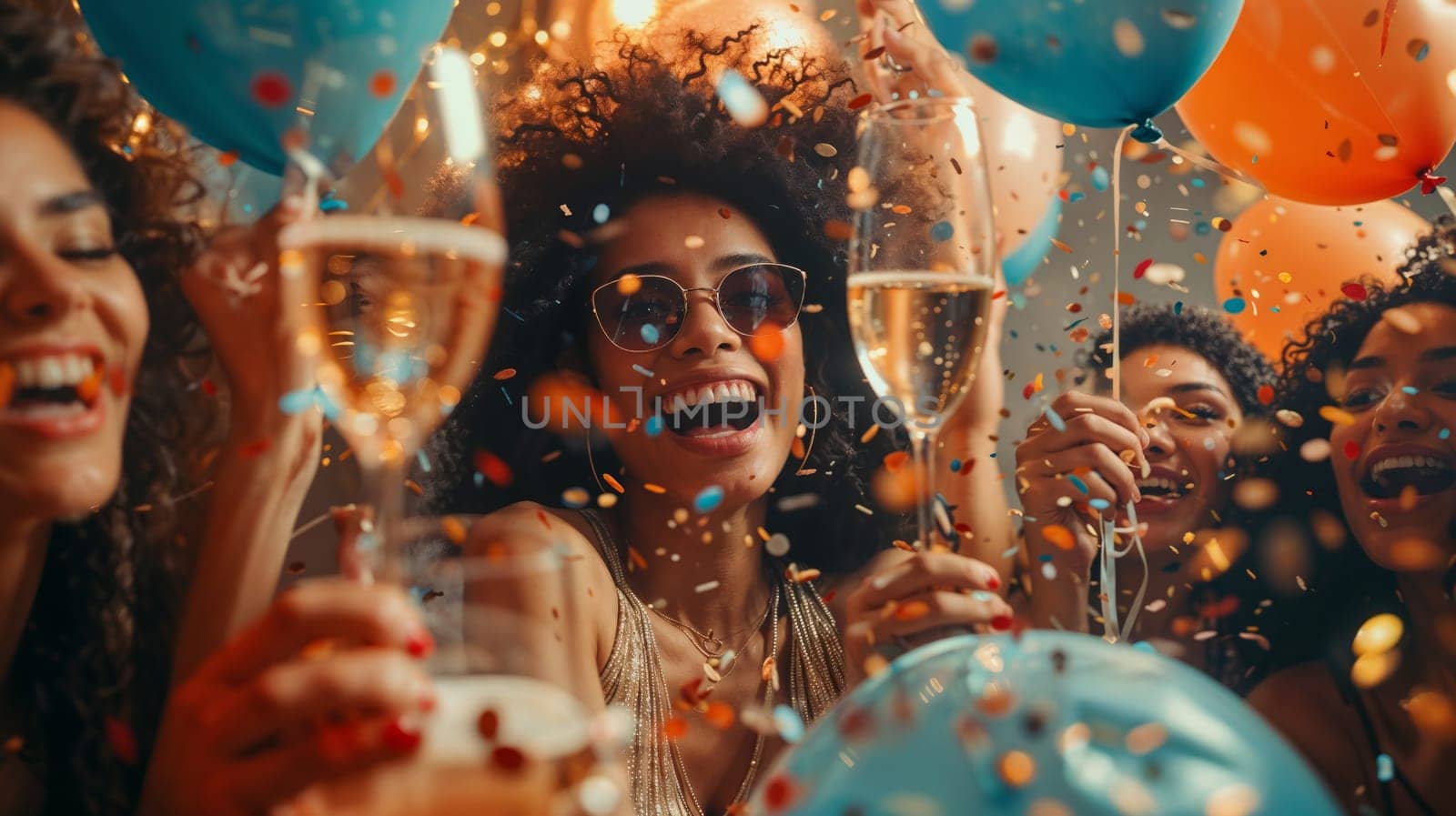 Group of women celebrating with champagne and balloons