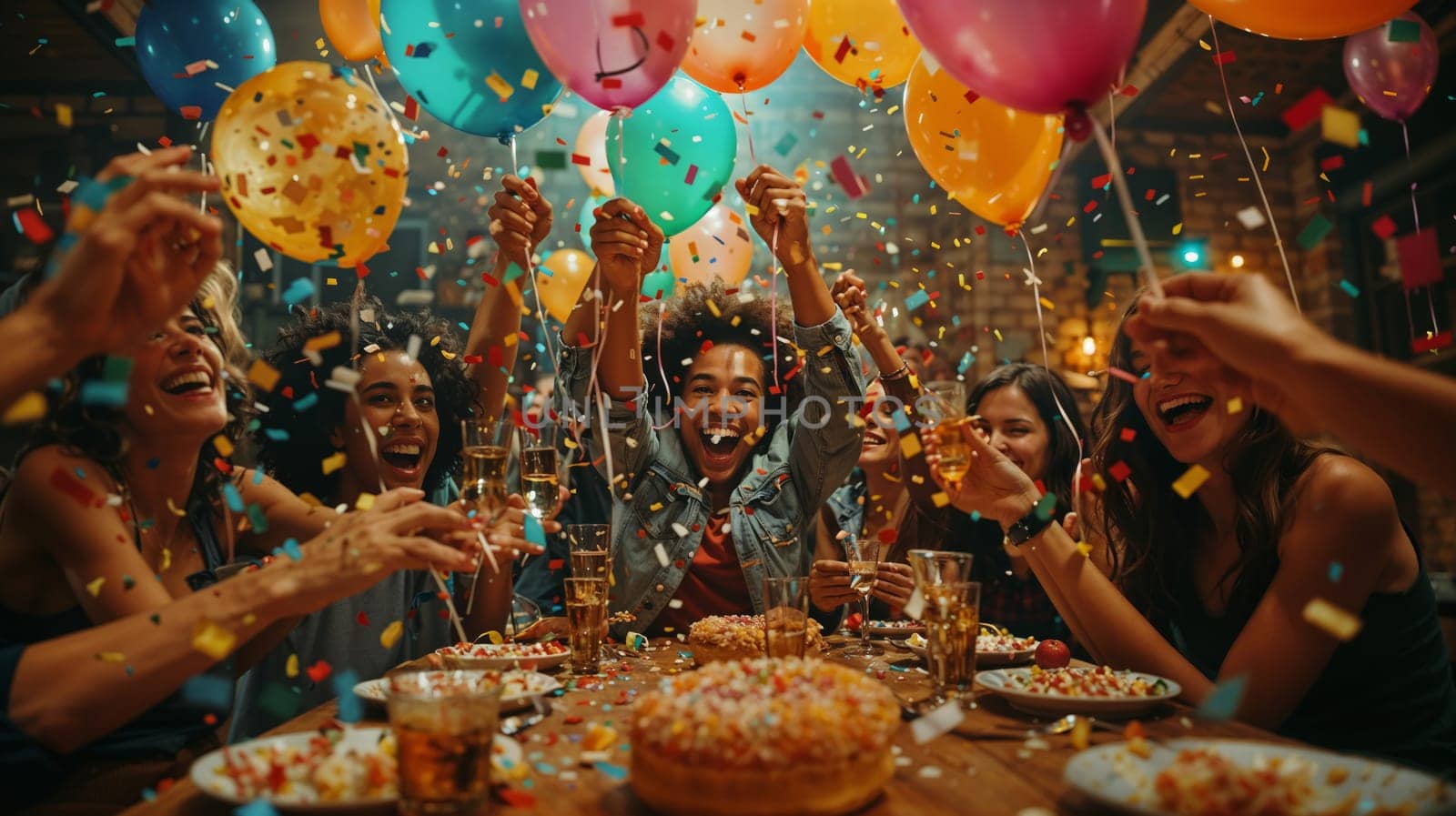 Group of people celebrating birthday with balloons and confetti