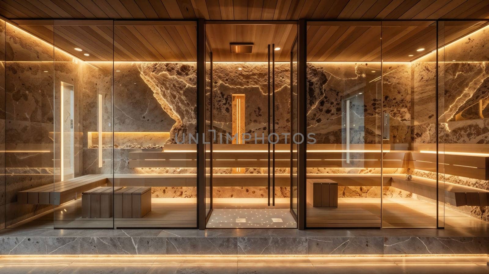 Sauna with a bench and lamps in it with glass walls in the grotto of the rock