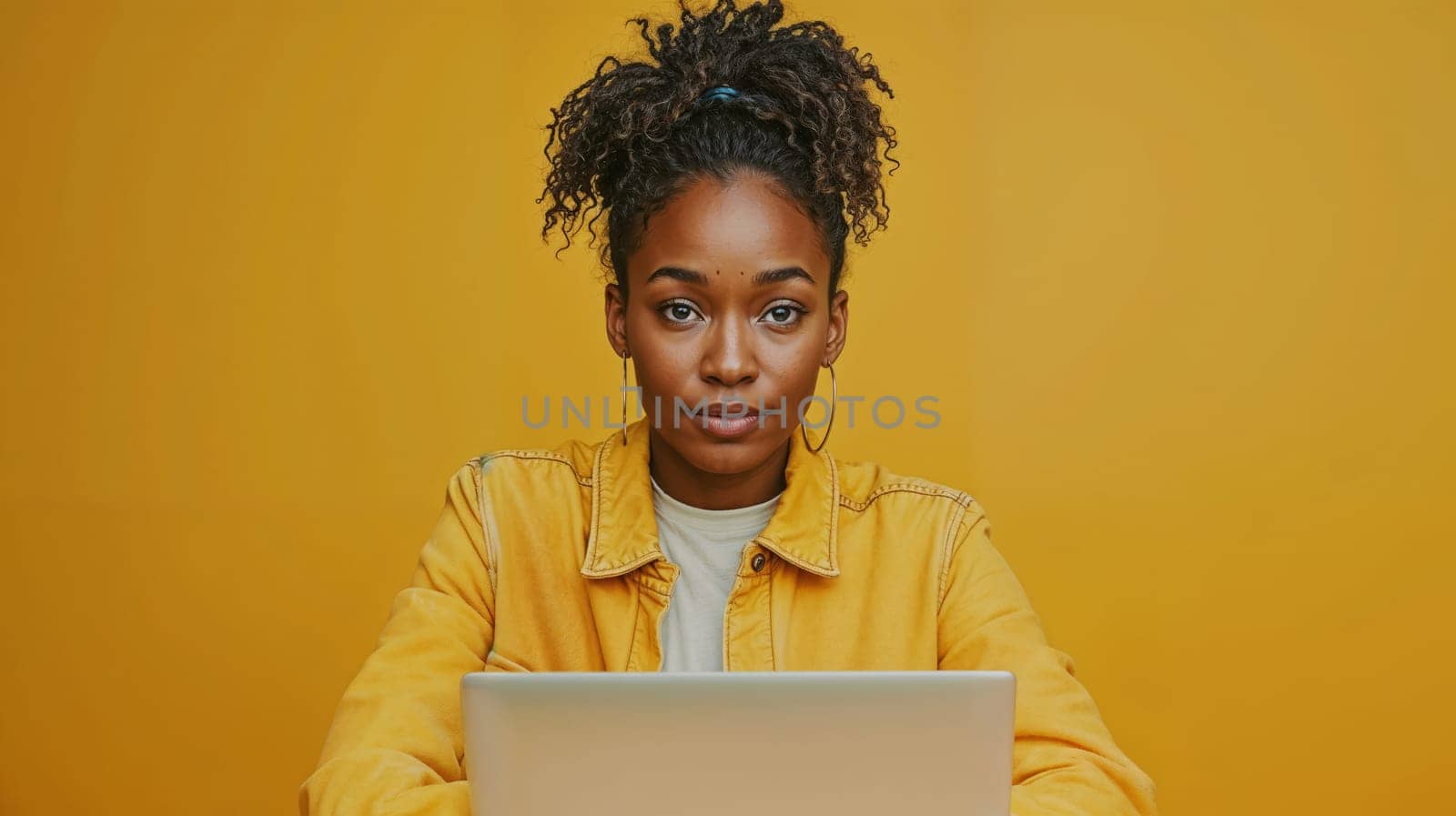 Woman in yellow jacket sitting at laptop on yellow background.copy space