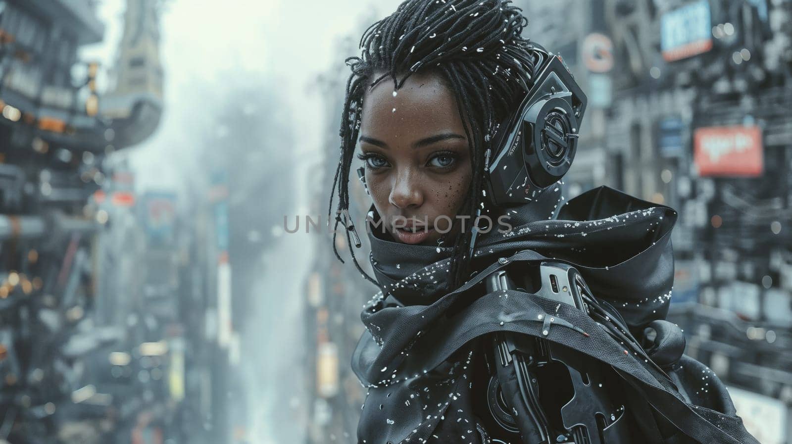 A woman in a futuristic costume stands on top of a building with a surreal city in the background
