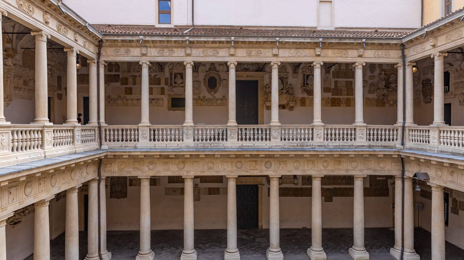 Padua, Italy - July 23, 2024: Palazzo Bo (Bo Palace) yard, historical building home of the Padova University from 1539 in Padua, Italy