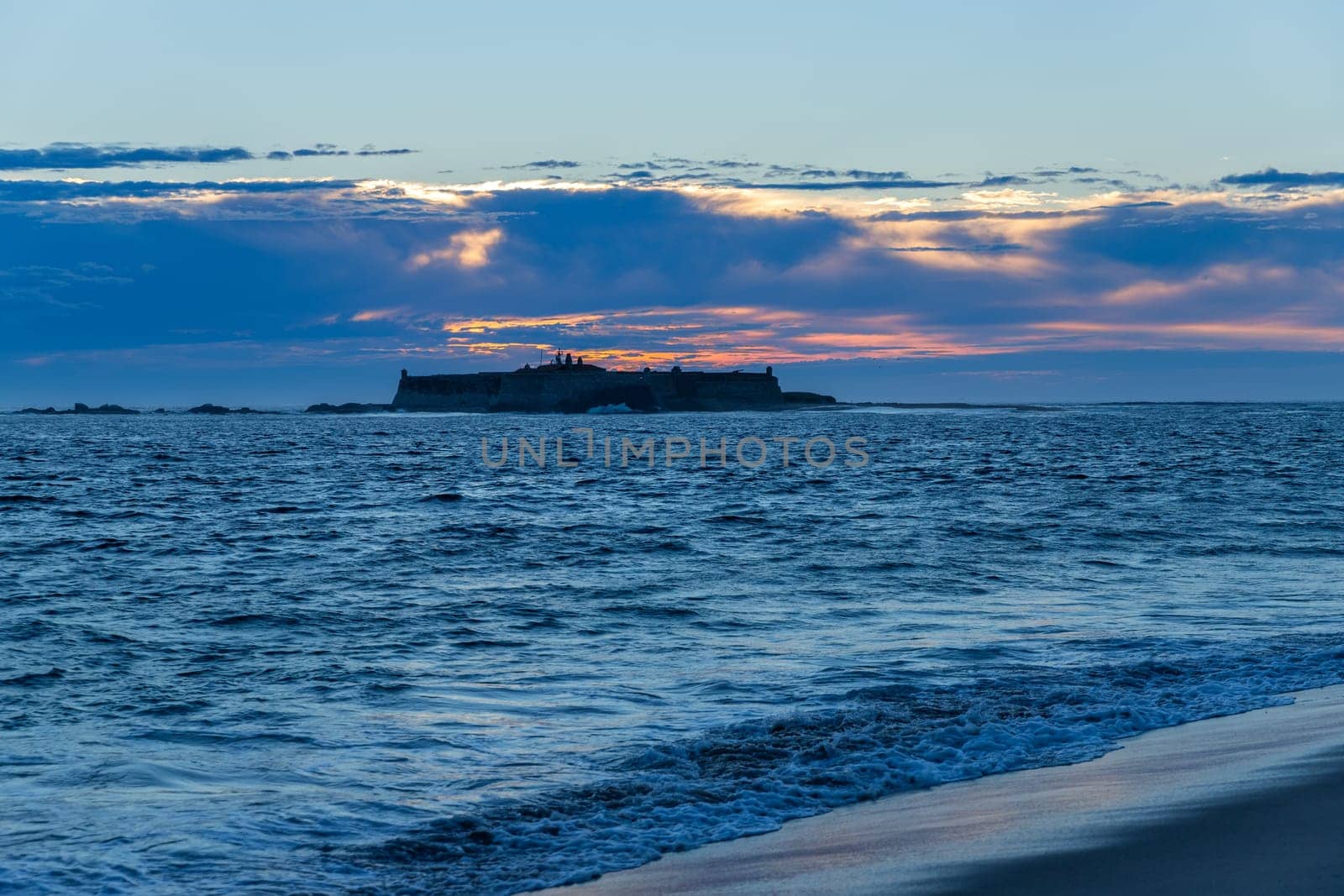 View of Praia de Moledo and Fortress Insua in Caminha, Portugal
