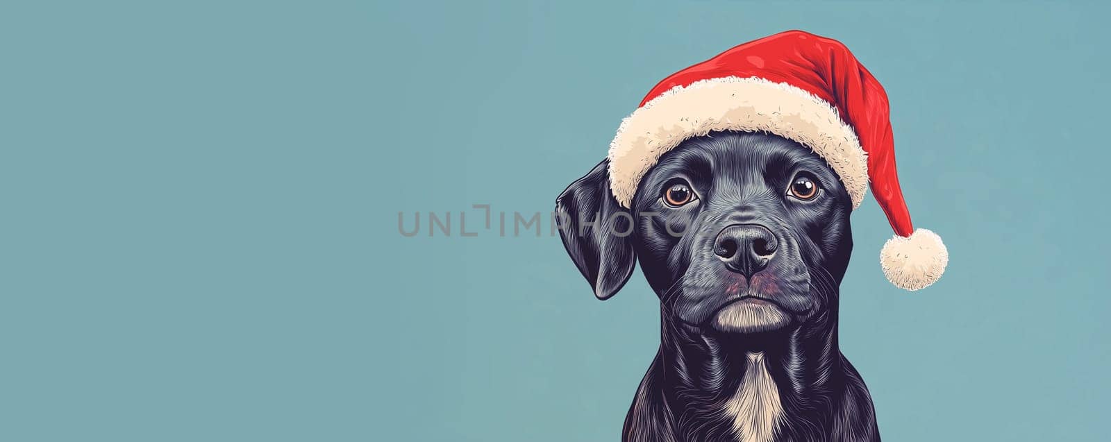 Black Dog with red santa claus hat, Christmas holiday, winter season, pet dog blue background