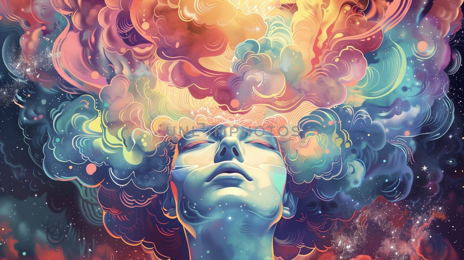 Consciousness of mind, colorful spiritual waves, positive thinking, self identidy and imagination, soul and energy astral body concept