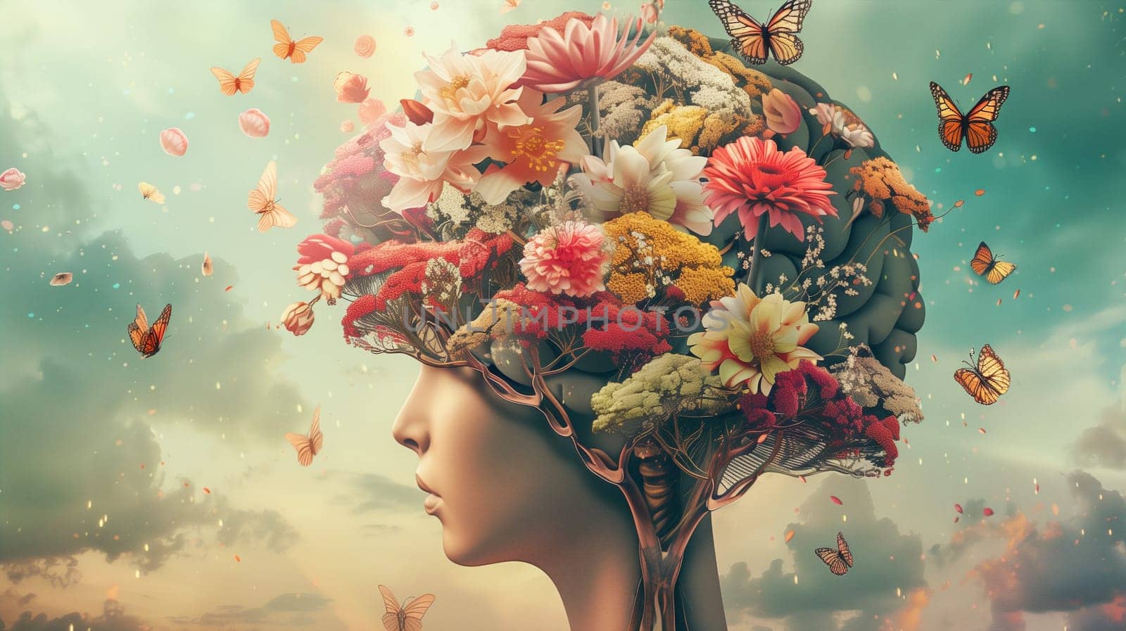Human mind with flowers, positive thinking, creative brain, self care and mental health concept, woman with spring blossoms