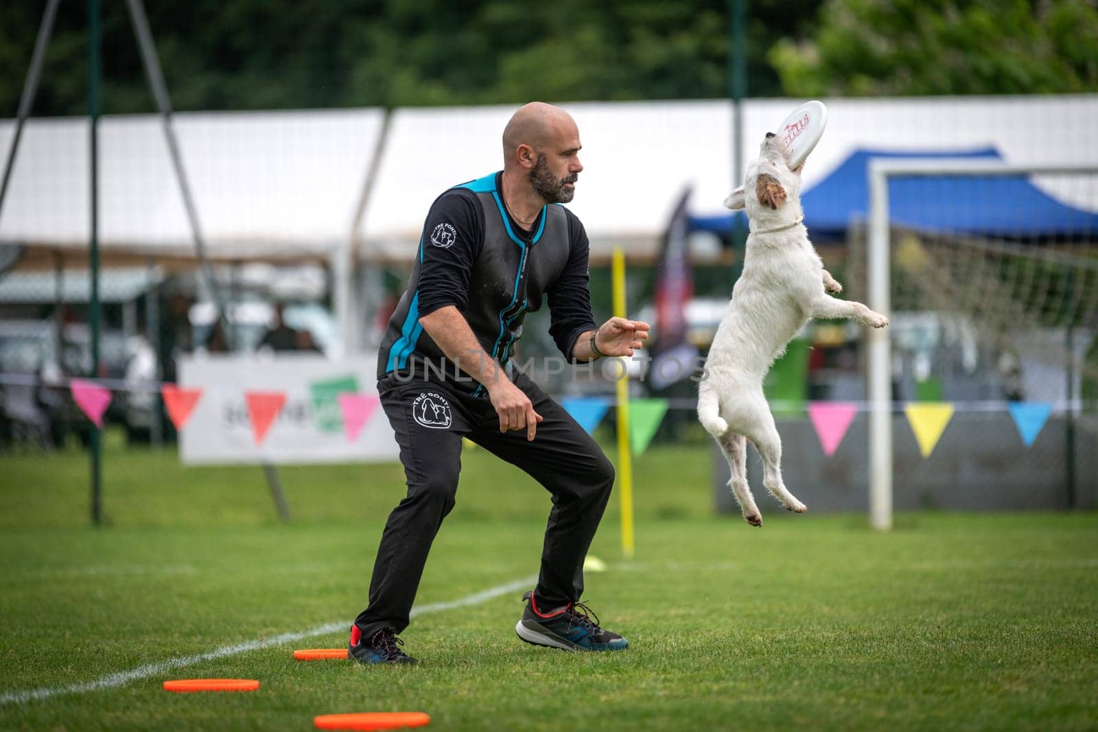 June 22, 2024, Saint Didier de Formans, France: Adrian Stoica is a dog trainer of Italian nationality. He practices and teaches Disc Dog, a sport widely practiced in the United States. With his dog Hurricane, he has been crowned world champion six times and European champion 35 times.