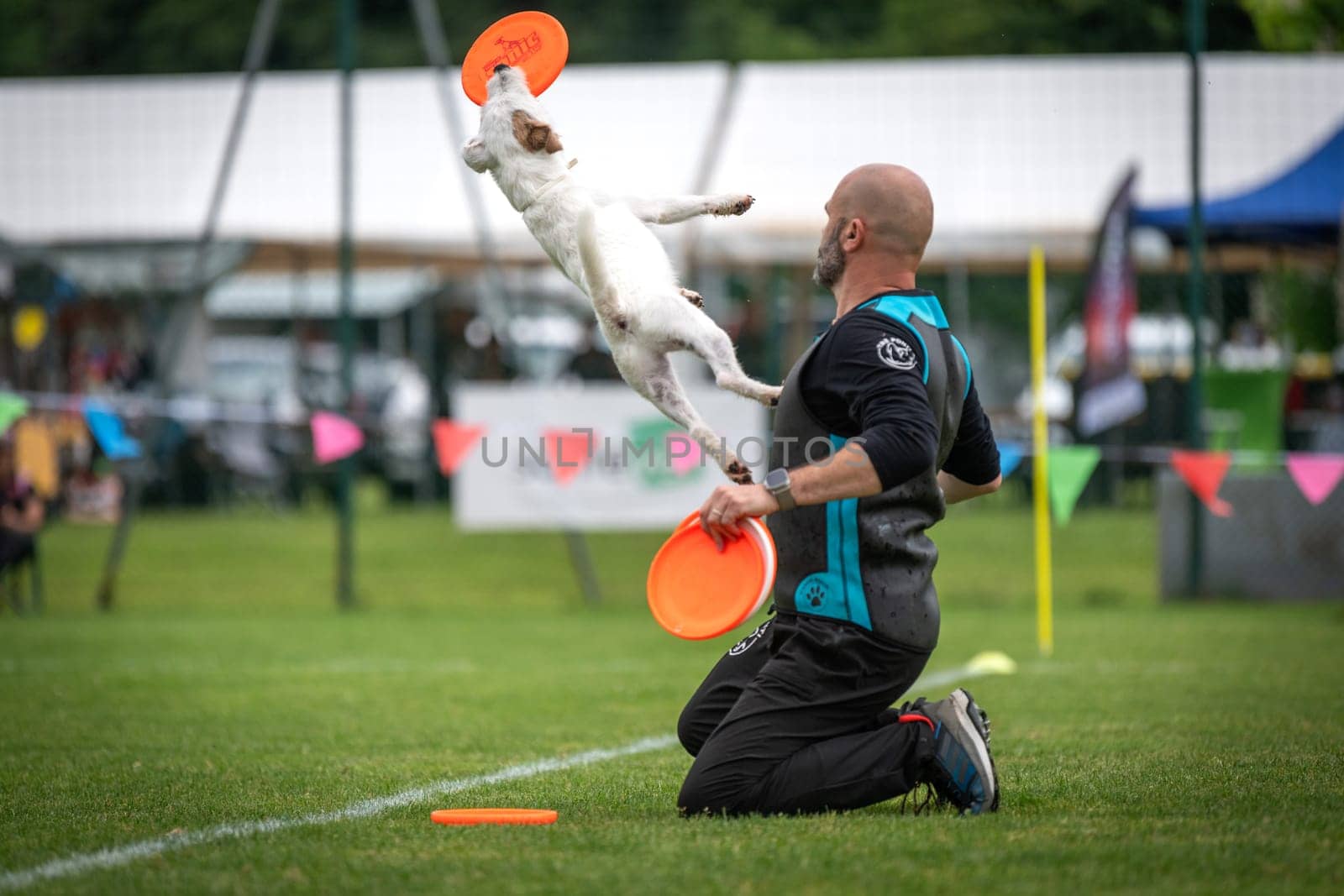 June 22, 2024, Saint Didier de Formans, France: Adrian Stoica is a dog trainer of Italian nationality. He practices and teaches Disc Dog, a sport widely practiced in the United States. With his dog Hurricane, he has been crowned world champion six times and European champion 35 times.