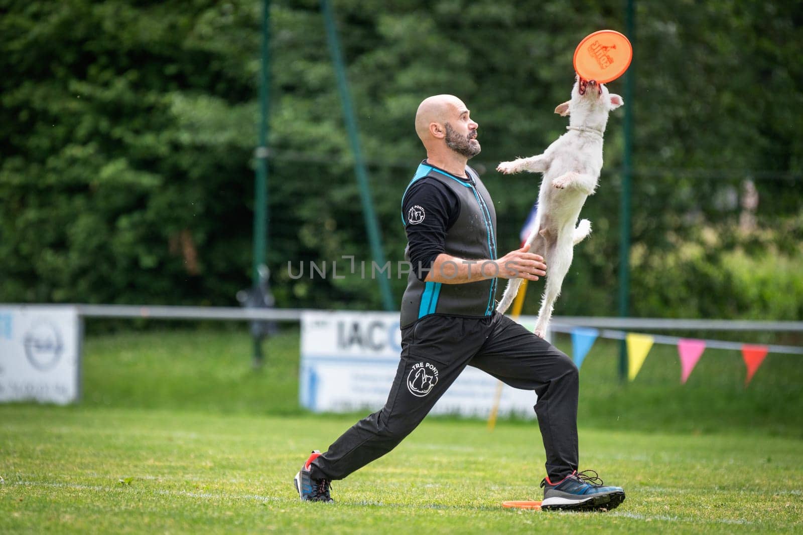 June 22, 2024, Saint Didier de Formans, France: Adrian Stoica is a dog trainer of Italian nationality. He practices and teaches Disc Dog, a sport widely practiced in the United States. With his dog Hurricane, he has been crowned world champion six times and European champion 35 times.