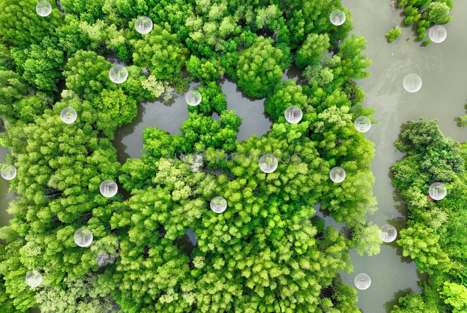 Carbon neutrality concept. Green tree capture of carbon emissions from factories and transportation. Natural carbon sinks, CO2 reduction, pollution balance, and environmental sustainability.