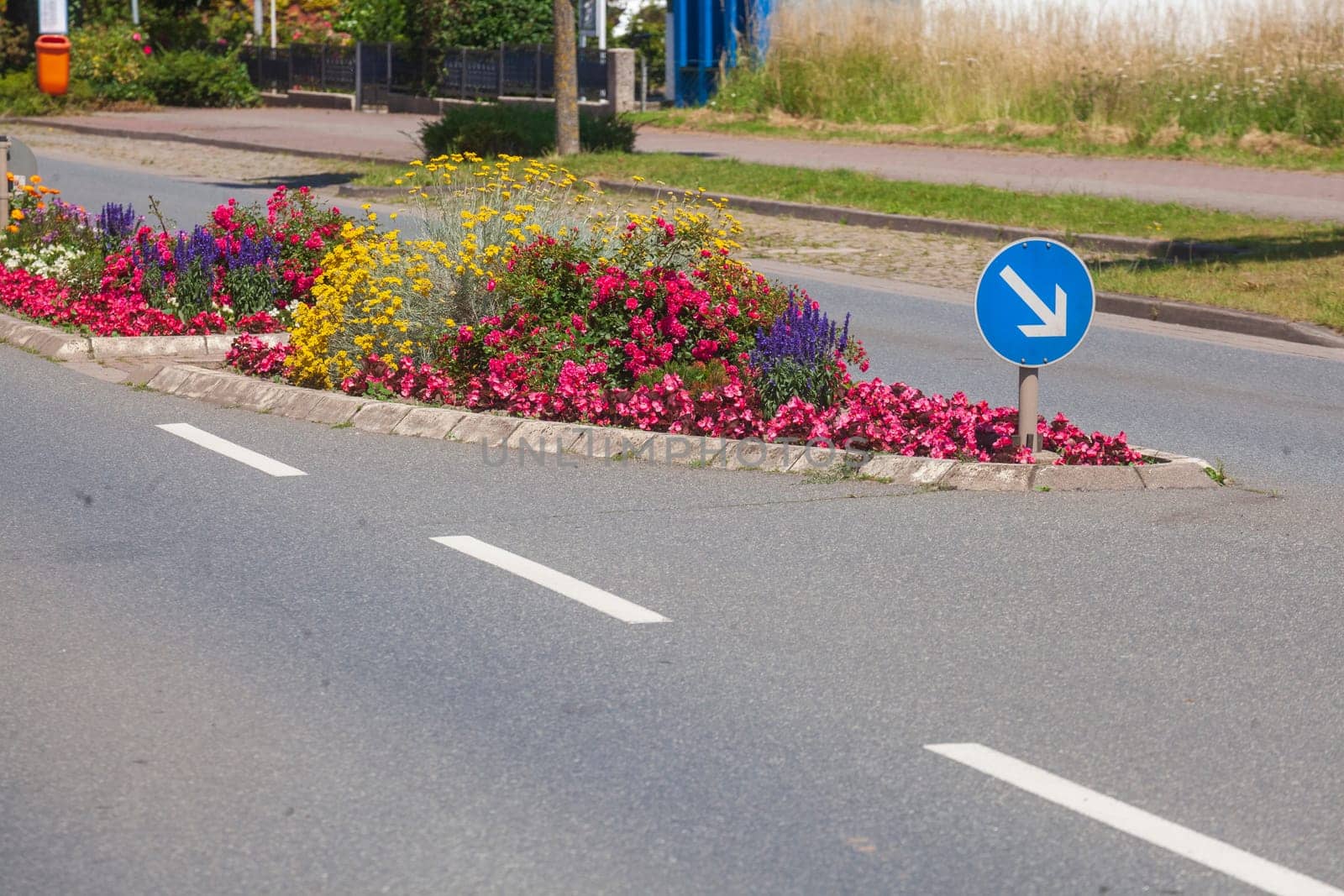 Traffic island on road with arrow signpost and flower bed, Germany