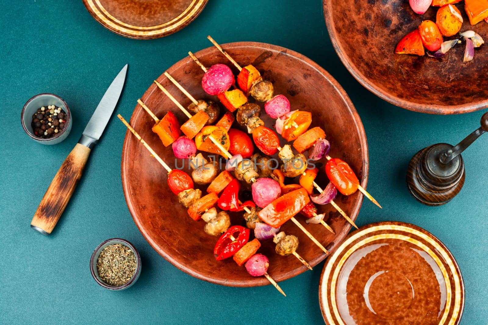 BBQ vegetable skewers. Colorful grilled summer seasonal vegetables skewers. Flat lay.