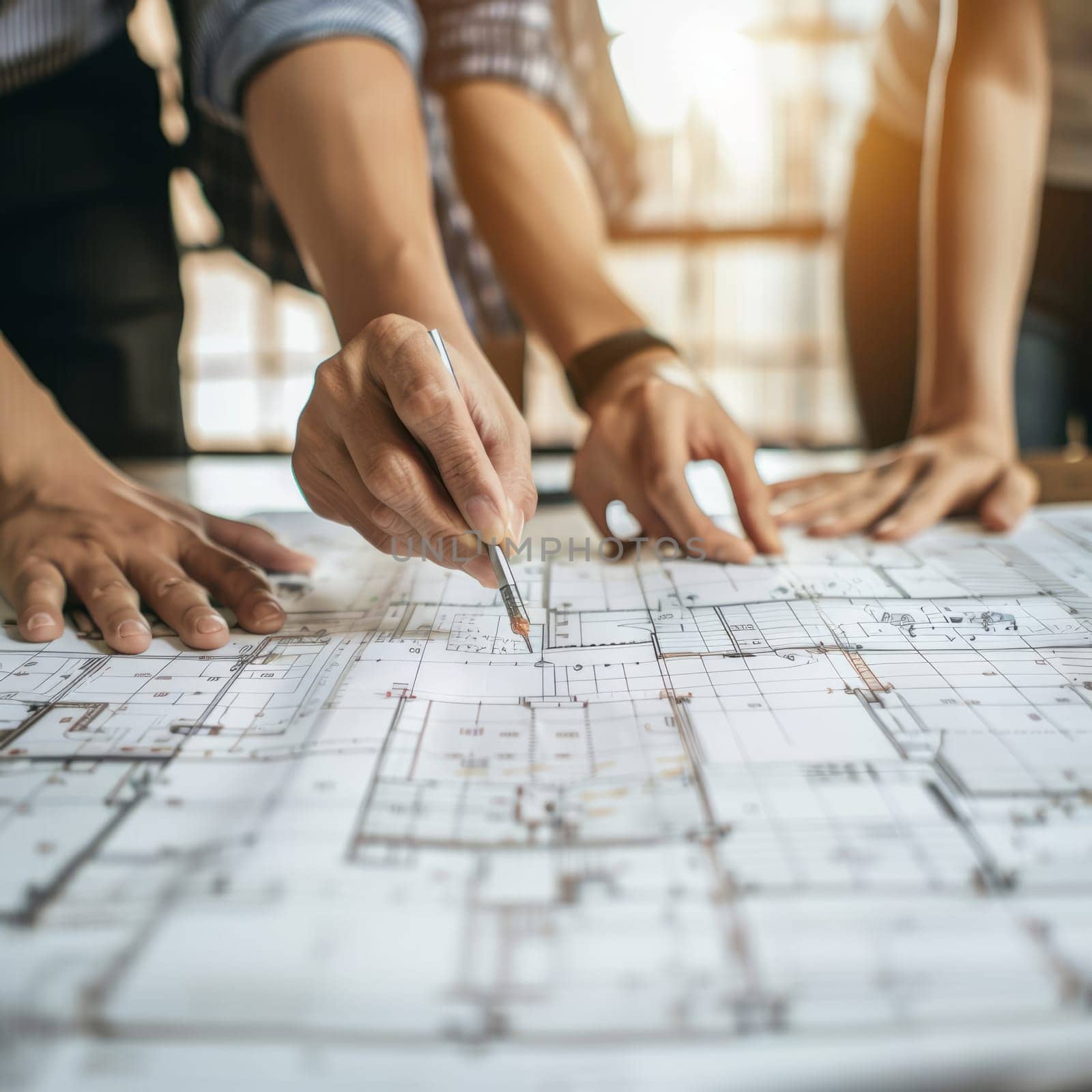 A construction blueprint with engineers discussing in the background. Hand pointing at the plan