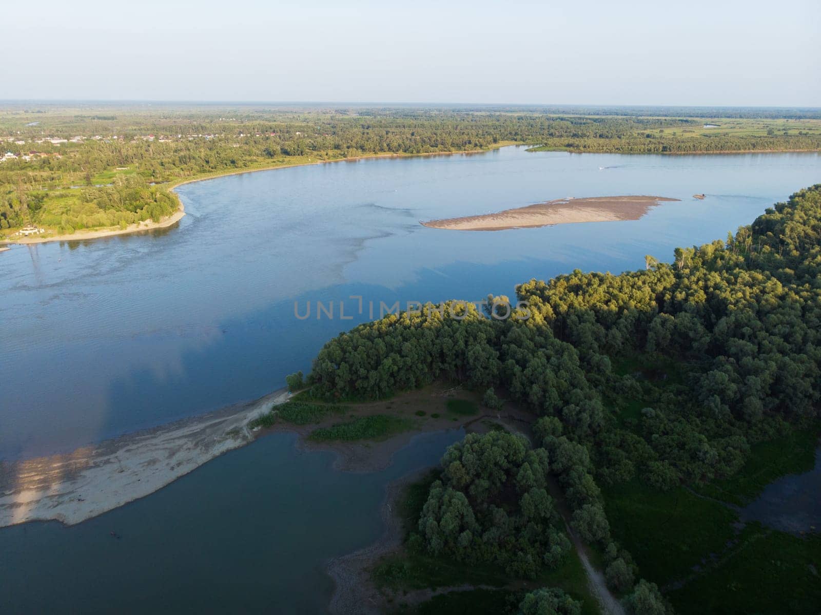 Aerial view of big siberian Ob river in beauty summer day, drone shot