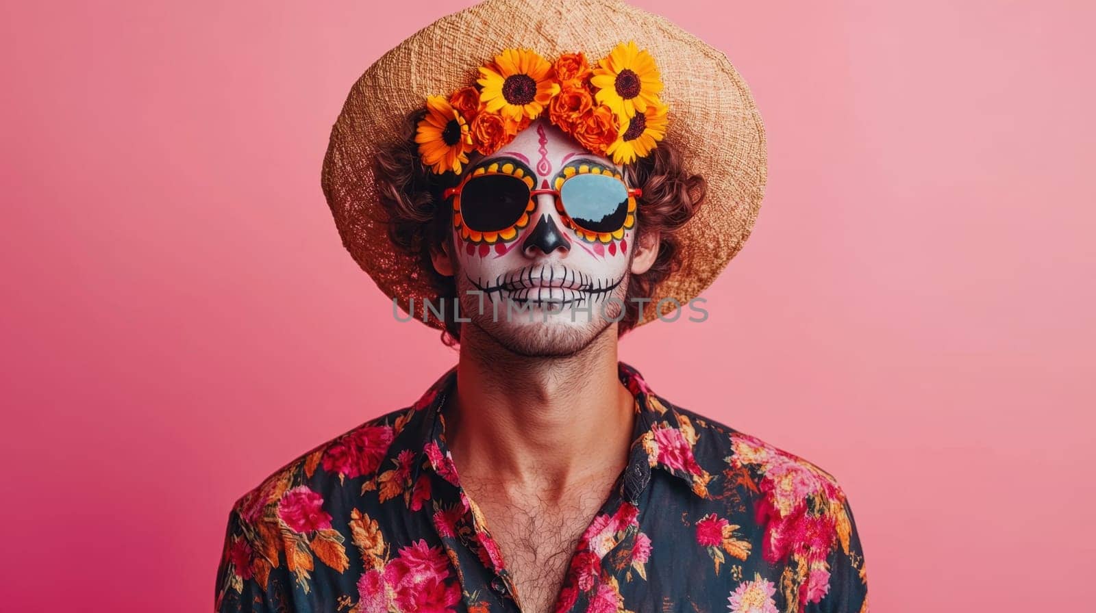 Man with Sugar Skull Makeup and Hat for Dia de los Muertos