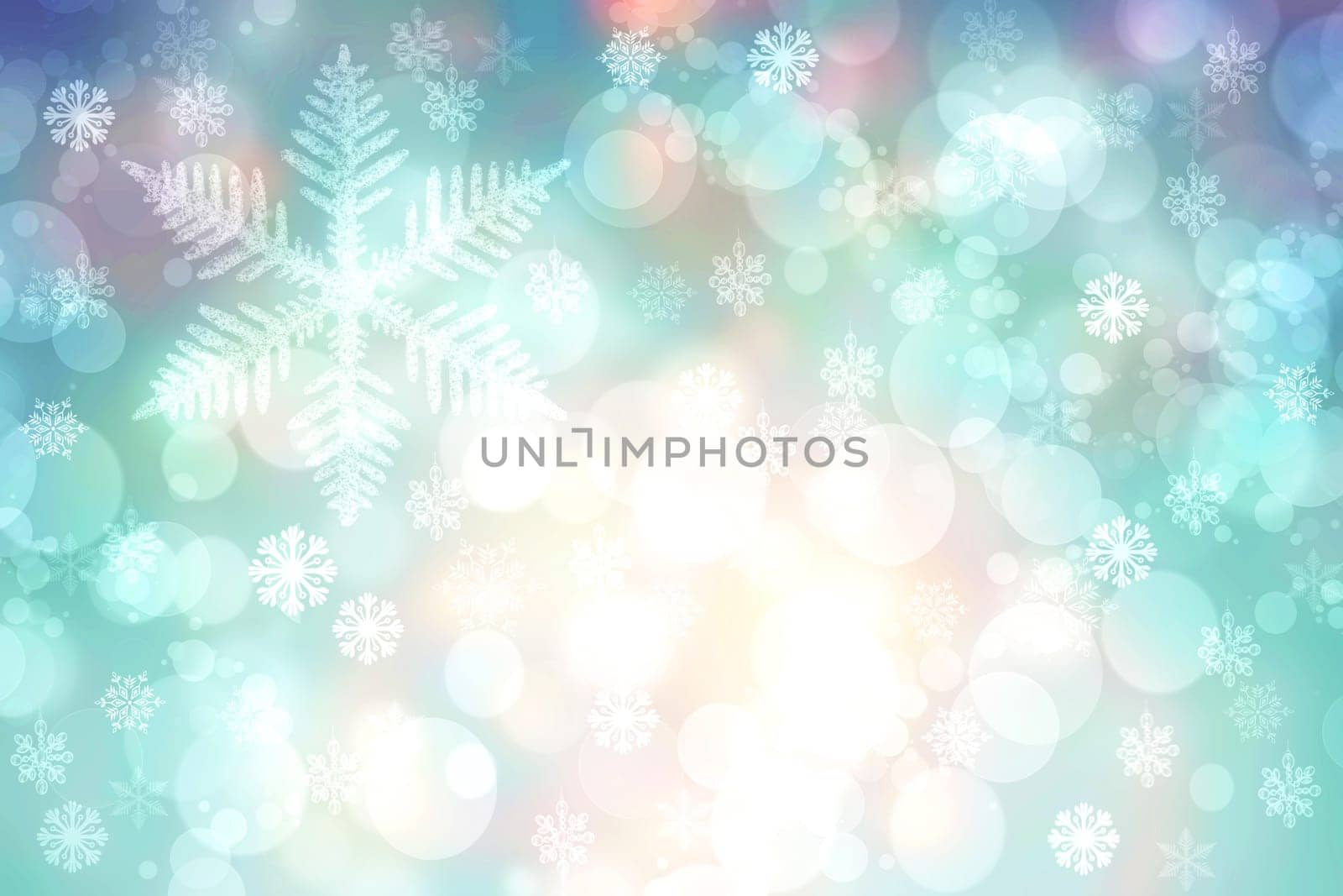 Abstract blurred festive light green white winter christmas or Happy New Year background texture with shiny bokeh circles, snowflakes and stars. Card concept.