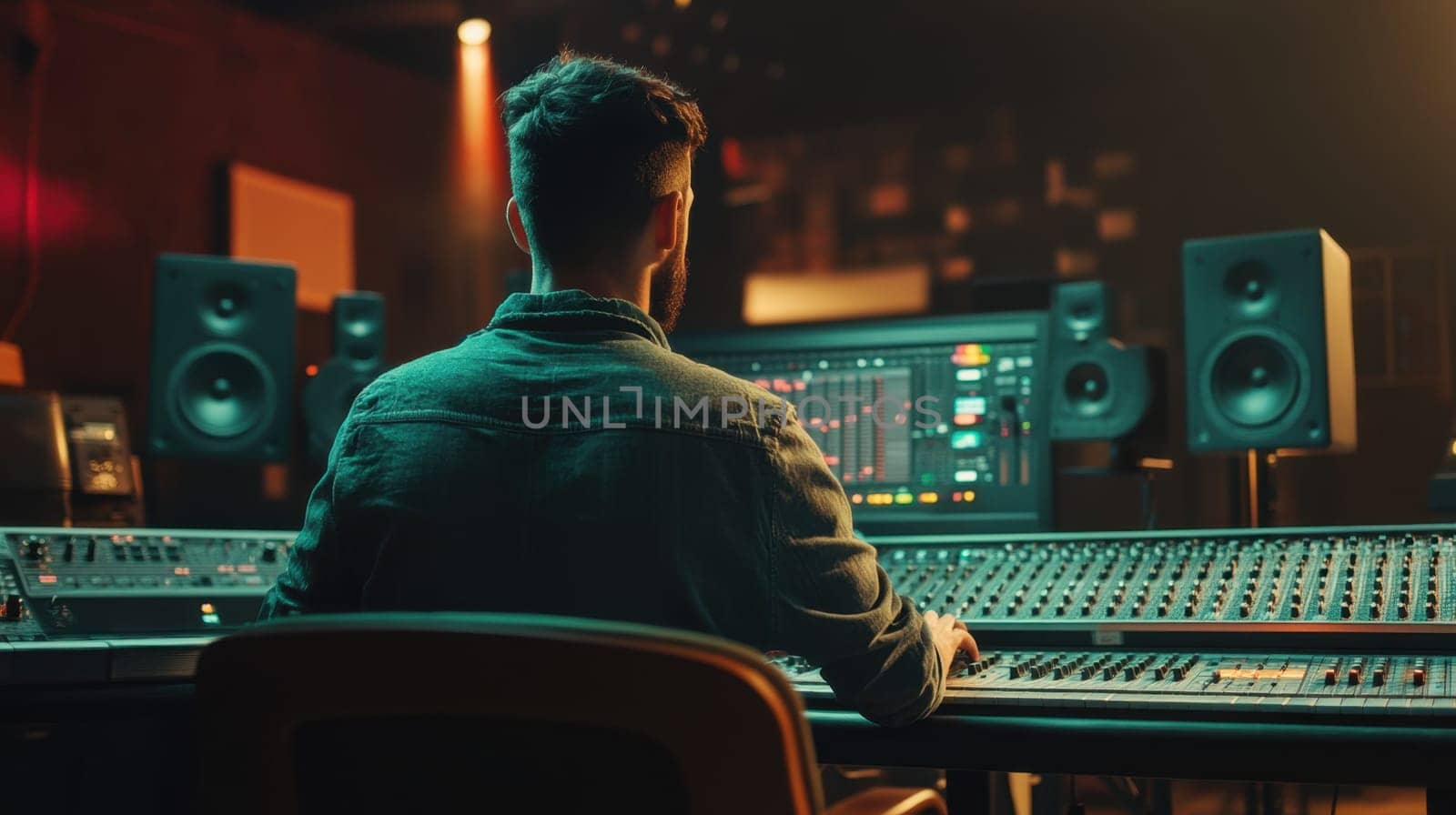 Music producer working in a recording studio. Concept of music production, mixing, mastering, sound engineering.