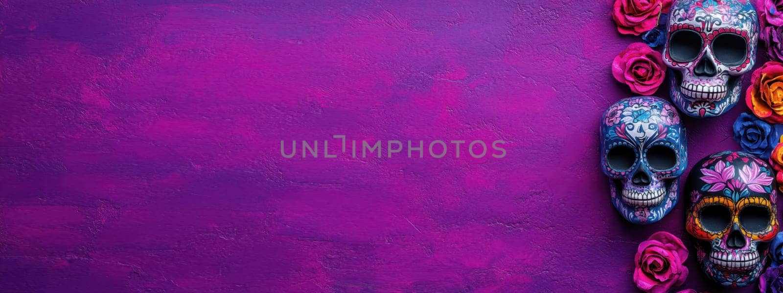 Purple Day of the Dead Background with Skulls and Flowers