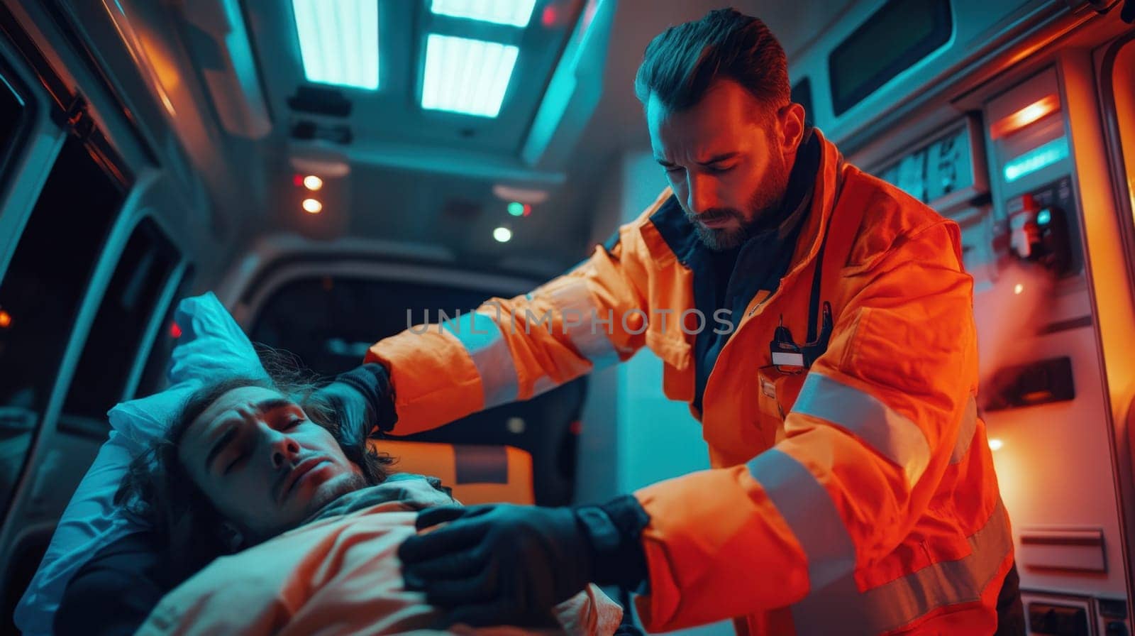Paramedic examining patient in ambulance with neon lights. Concept of emergency, healthcare, rescue and medical service.
