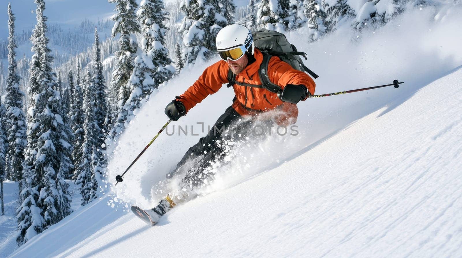 Skier carving turns on a snowy mountain slope.